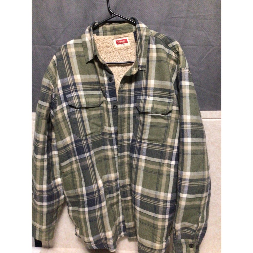 Wrangler Mens Sherpa Lined Flannel Shirt Jacket Green Plaid Size Large HJH1WWW